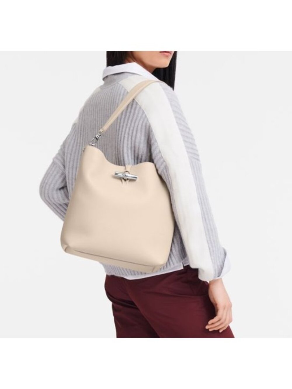 NEW Longchamp Le Roseau Medium Shoulder Bag, Paper/Ivory